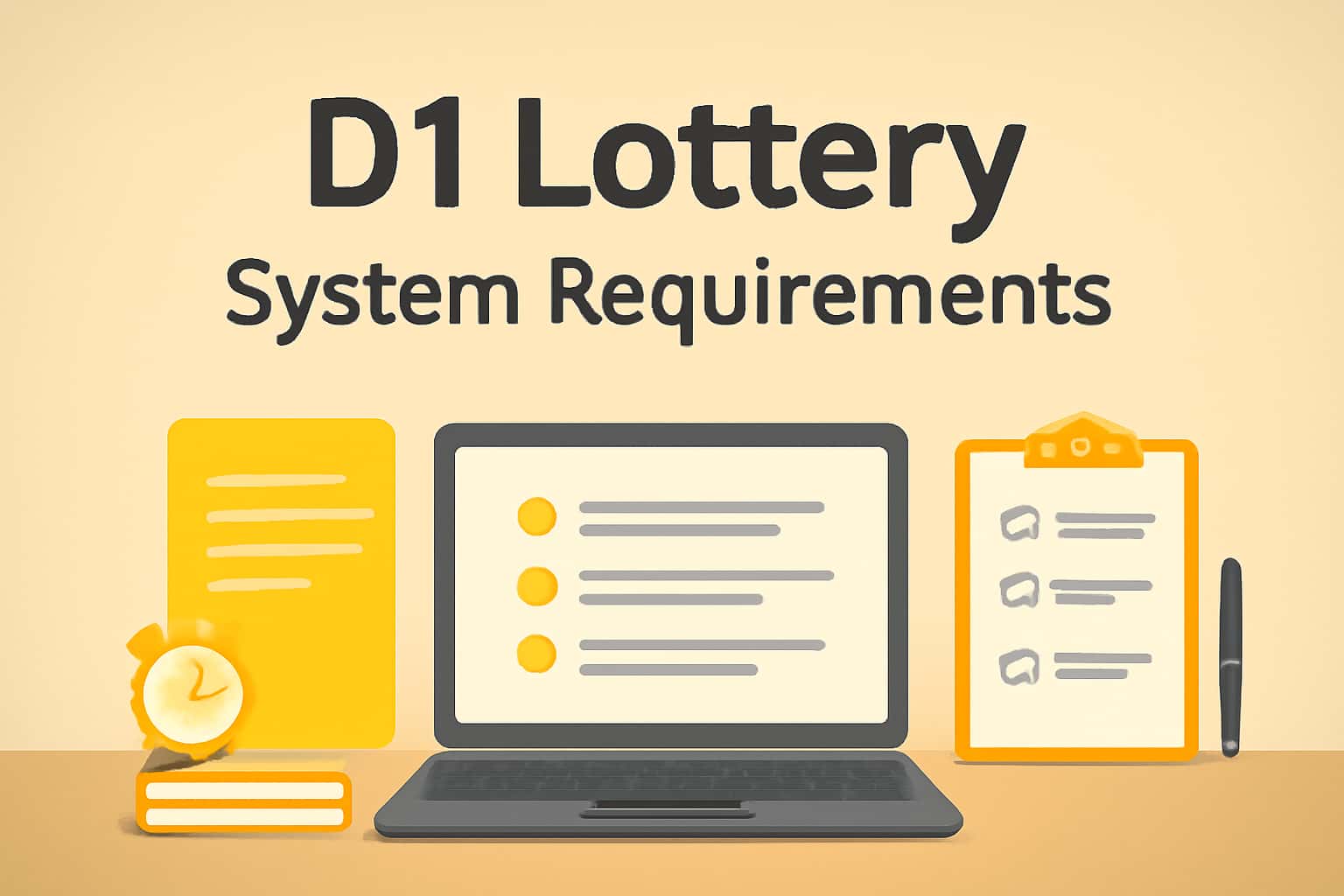Informational graphic showcasing D1 Lottery System Requirements with a futuristic design.