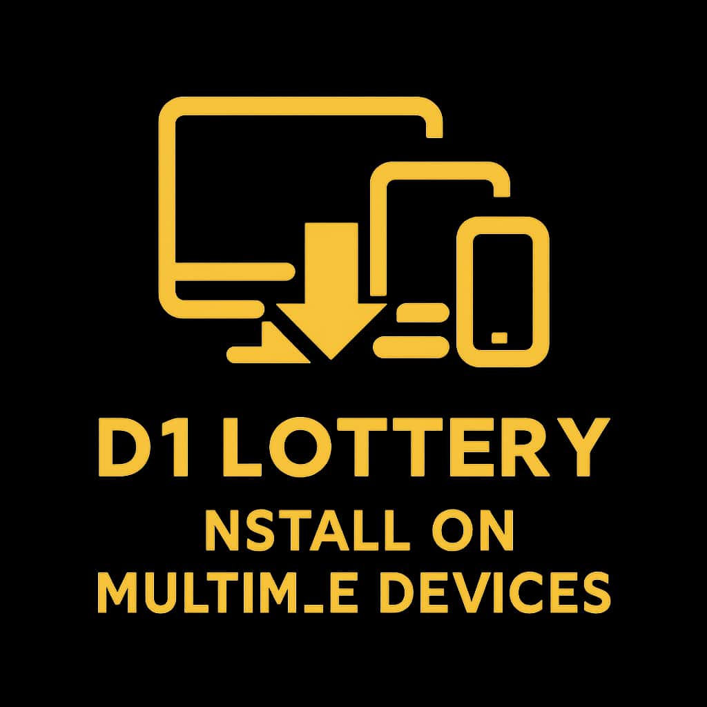 A badge illustrating the D1 Lottery installation process on multiple devices.